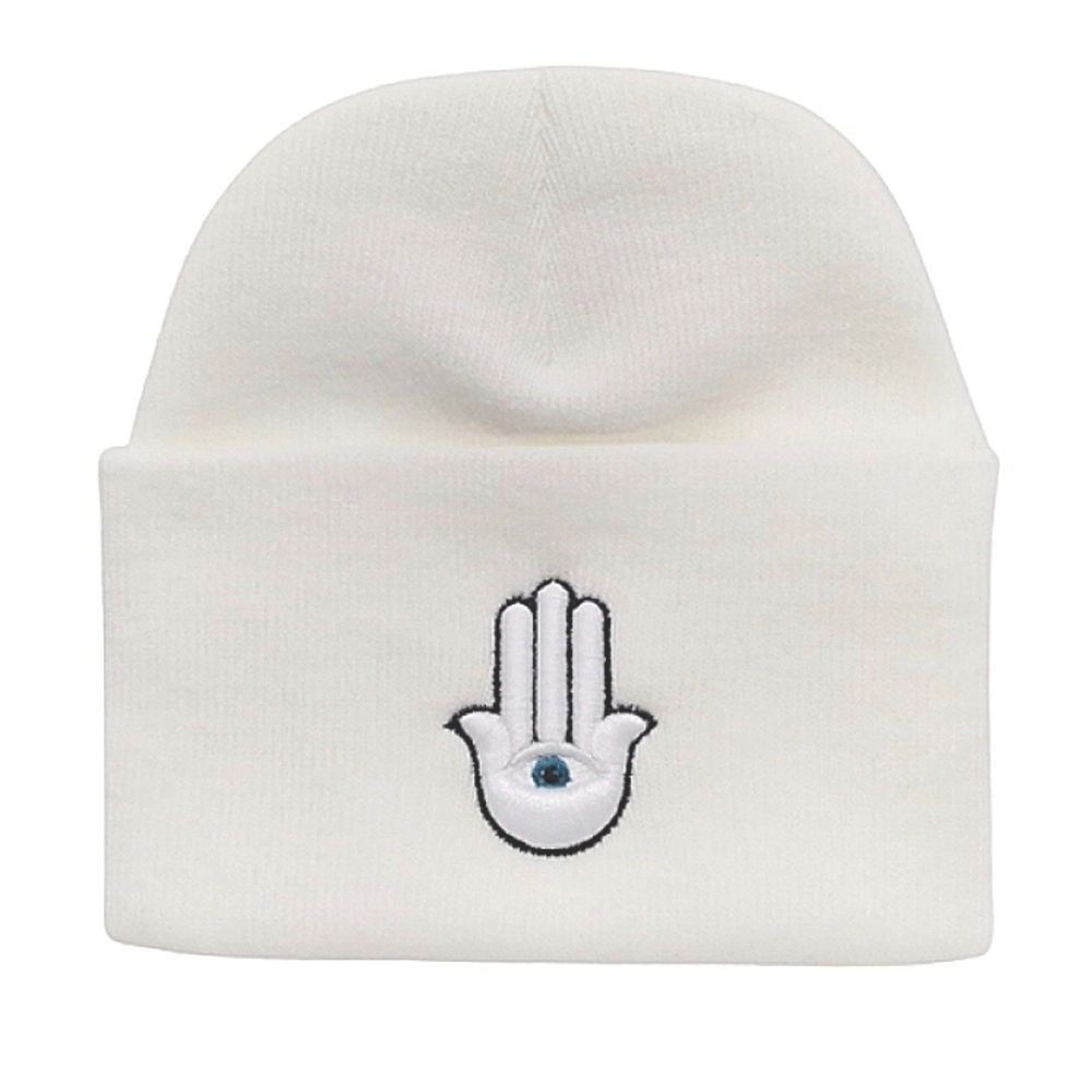 Spiritual Hamsa Hand 3rd Eye 3D Embroidered White Cuffed Beanie Hat Beanie Cap